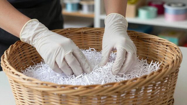 Person wearing white gloves handling white shredded paper inside a woven basket for packaging or craft use.
