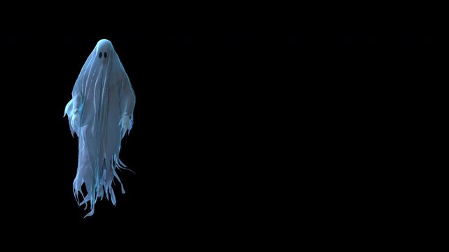 3D floating ghost character pointing to an empty copy space. Perfect background for Halloween sales, party invitations, or spooky event promos. 4K with alpha channel.
