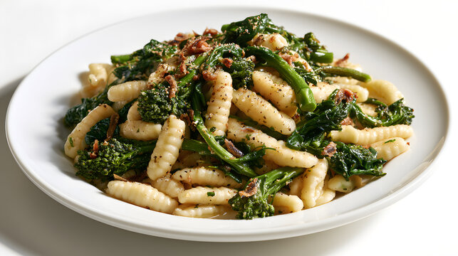 Cavatelli Pasta Tossed with Saut&eacute;ed Broccoli Rabe and Garlic Crumbs on a White Plate