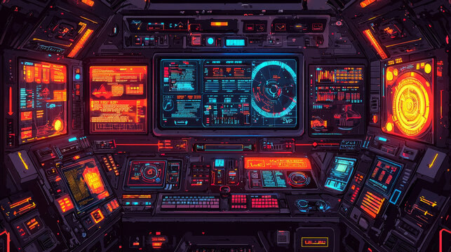 Futuristic control panel digital dashboard neon interface glowing buttons sci fi cockpit advanced technology cyberpunk style illuminated screen high tech immersive environment