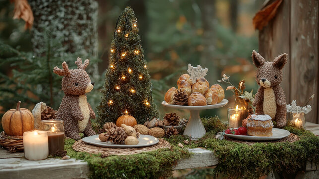 Woodland animal plush moss table pinecone pumpkin pastry candle fairy light autumn outdoor cozy forest party decor create magical inviting atmosphere