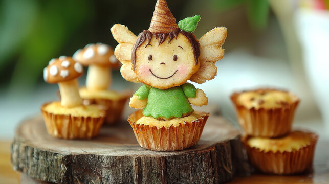 Fairy cupcake woodland theme enchanted forest birthday party whimsical cute dessert green icing edible wings mushroom cupcake celebration treat. joyful fairy cupcake with edible wings and green
