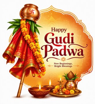 Happy gudi padwa greeting card with traditional flag and oil lamps