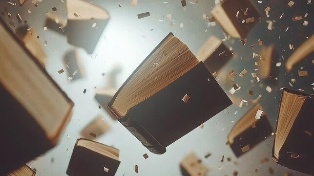 Enormous books flying across pale lavender sky surreal atmosphere floating pages magical dreamy fantasy literature imagination creative whimsical