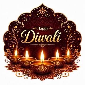 Happy diwali greeting card design with glowing oil lamps and flowers