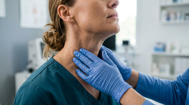 Doctor examining patient's thyroid gland, healthcare medical examination concept