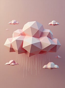 Abstract pink cloud made of geometric polygons floats in sky. Minimal digital illustration shows soft dreamlike shape with rain drops falling down. Clean modern art style uses pastel shades, low poly