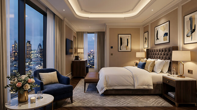 Luxurious hotel bedroom with city view and modern decor.