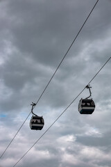 Two gondola cable cars against a cloudy sky © Cavan