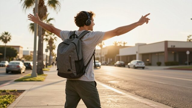 A young man with headphones and backpack dances joyfully on a city sidewalk during golden hour, arms wide open under warm sunlight.
