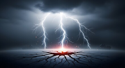 Fototapeta premium lightning striking cracked earth global crisis concept