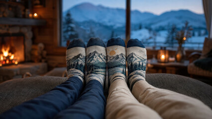 Fototapeta premium A couple wearing matching wool socks that form a mountain landscape