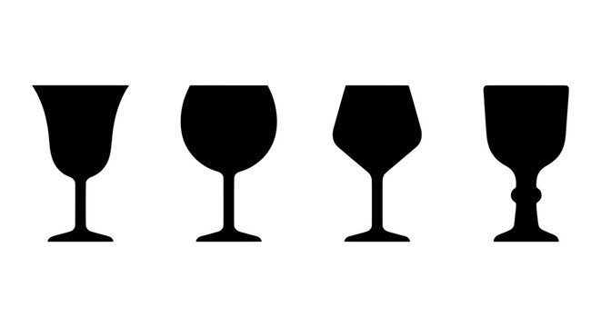 Set of Four Black Silhouette Drinkware Glasses, Barware Icons, Beverage Stemware Vector Collection