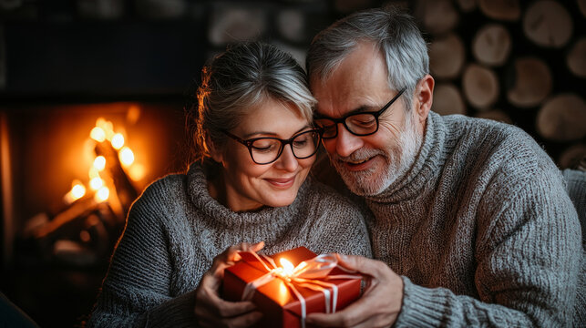 Happy senior couple wearing cozy sweaters sitting by fireplace, holding wrapped birthday gift, smiling warmly, enjoying intimate moment together in rustic living room with wood logs in background