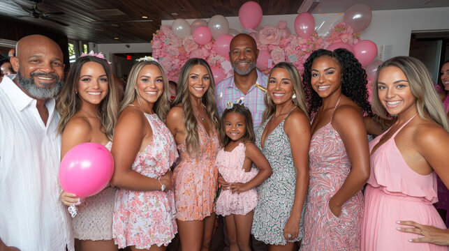 Family group birthday celebration smiling pink floral dress indoor happy together party diverse women men child balloons background cheerful posing event flower festive summer fashion hairstyle