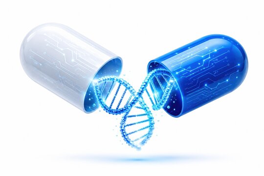 Open medical pill with blue DNA helix structure inside