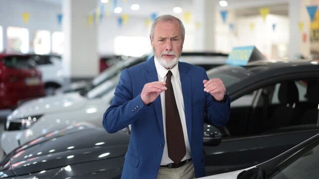 Elderly salesman stands in a car dealership and invites customers to see the cars with a smile. Employee of a car dealership offers to buy a car. High quality 4k footage