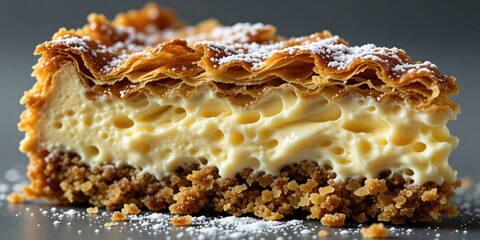 Fototapeta premium Slice of layered dessert showing flaky pastry crisp golden top creamy filling and crumbly biscuit base dusted with powdered sugar. Rich pastry texture creates a sweet temptation for food lovers.