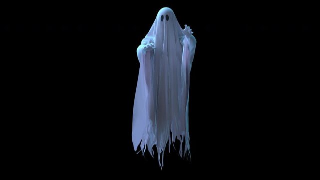 3D animation of a spooky ghost character slowly approaching and flying directly into the camera, completely covering the screen. Ideal for Halloween video transition . 4K with alpha channel.
