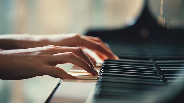 Close-up of hands gracefully playing a piano with soft lighting