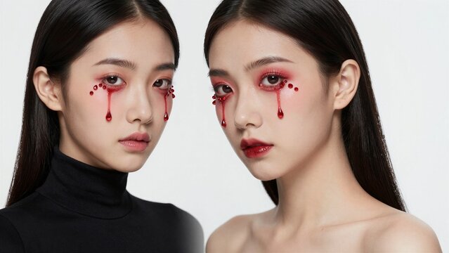 Two women showcase dramatic red crystal makeup with teardrops cascading from their eyes against a clean white background.