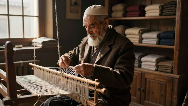 An elderly Kashmiri weaver skillfully operates a handloom in his workshop, surrounded by neatly folded textiles and warm wooden shelves.
