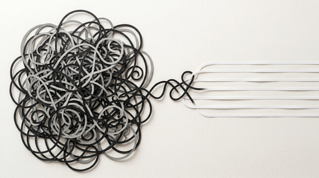 Paper lines tangled and unraveling into straight organized ribbons on white surface for mental clarity strategy