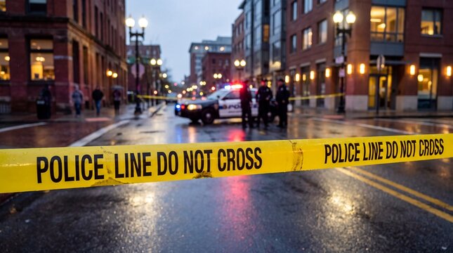 Police line tape marked 'DO NOT CROSS' in urban street scene with police car and officers present during rainy evening conditions