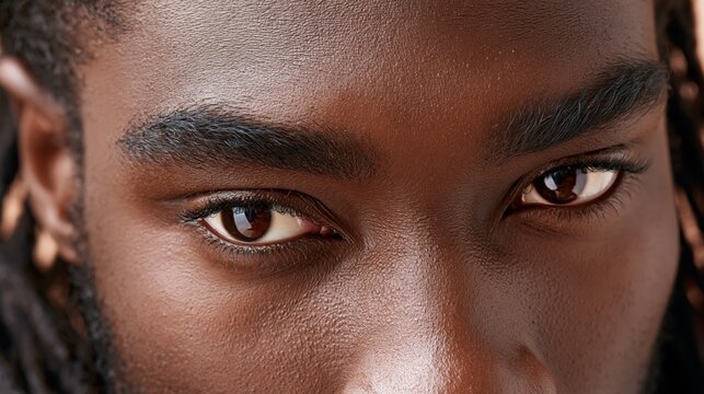 A closeup view of darkskinned eyes with thick eyebrows and dreadlocks visible.