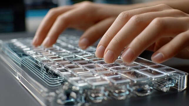 Typing on Futuristic Keyboard: A close-up shot showcases a person's hands elegantly typing on a transparent, futuristic keyboard with intricate illuminated circuitry.