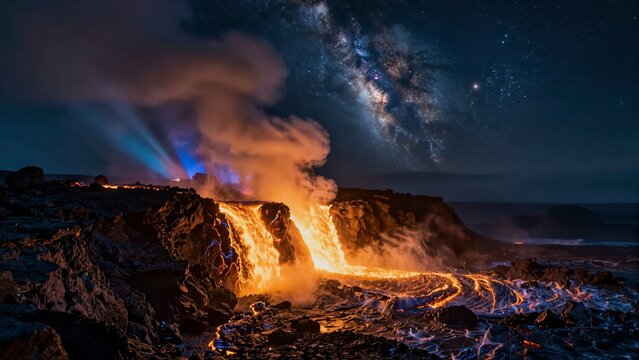 Volcanic lava cascades into ocean waves beneath a vibrant Milky Way galaxy, creating fiery contrast against dark volcanic terrain.
