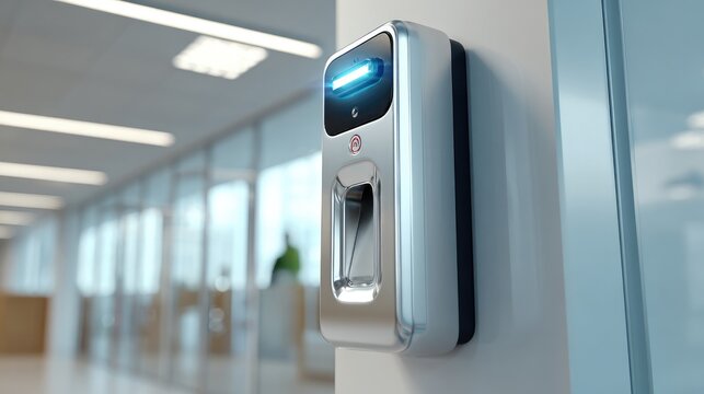 Modern Hand Sanitizer Dispenser in Office Hallway: A sleek, futuristic automatic hand sanitizer dispenser mounted on a wall in a bright, modern office hallway, emphasizing hygiene and technology.