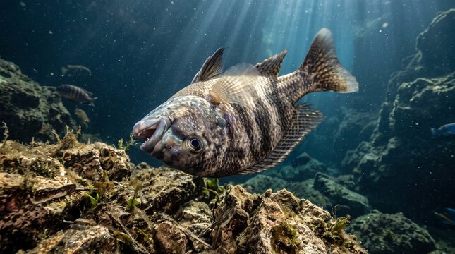 Striped fish swimming in sunlit underwater rocky ocean environment