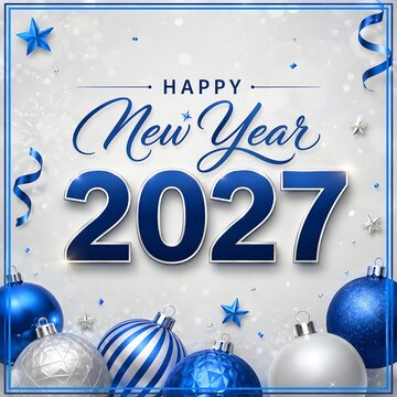 Happy new year 2027 greeting card with blue and silver christmas ornaments festive decorations and confetti stars on a light background for holiday celebration design