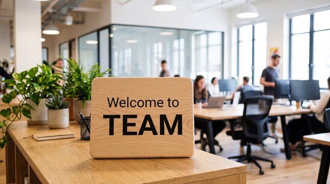 Welcome to TEAM sign displayed on a wooden table in a modern office with people working at desks and large windows in the background