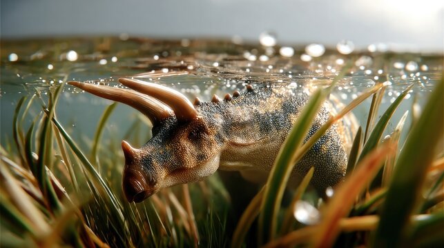 Prehistoric Encounter: A Styracosaurus dinosaur emerges from shallow, aquatic vegetation, its distinctive frill and horns visible above the water's surface, hinting at a lost world.