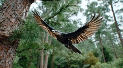 Naklejka premium Raven in Flight: A raven with outstretched wings soars through a forest canopy, its dark plumage stark against the green pines and dappled sunlight. The scene evokes a sense of freedom and wildness.