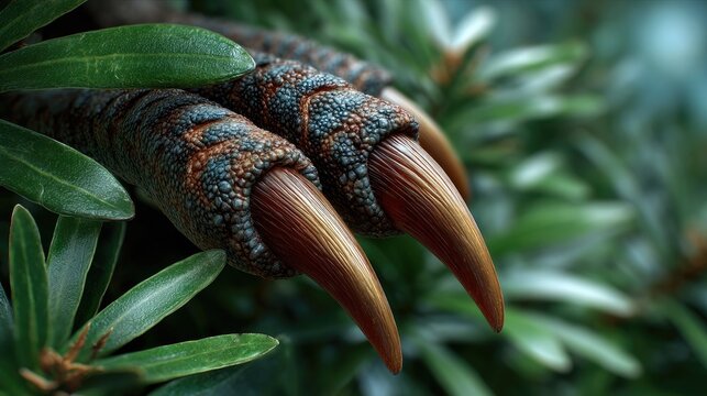 Claw of a Predatory Bird: Close-up of the sharp, curved talons of a bird of prey, poised amidst lush green foliage, hinting at power and primal instinct.