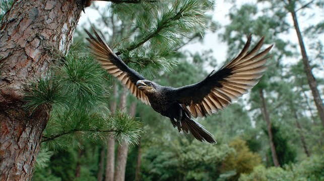 Raven in Flight: A raven with outstretched wings soars through a forest canopy, its dark plumage stark against the green pines and dappled sunlight. The scene evokes a sense of freedom and wildness.