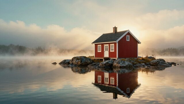 A solitary red cabin stands on a rocky island, its reflection mirrored perfectly in calm waters surrounded by mist and distant forest.