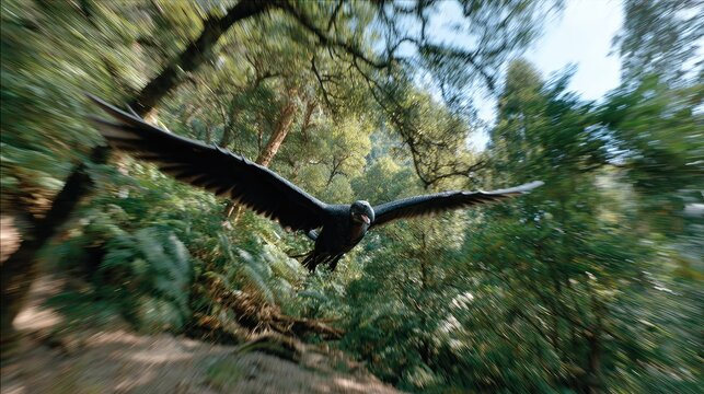 Eagle Soaring Through Forest: A majestic eagle with outstretched wings glides effortlessly through a vibrant, sun-dappled forest, its keen eyes scanning the canopy below.