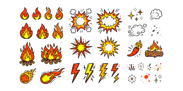 Set of hand drawn comic style fire flame and explosion icons with lightning and smoke effects