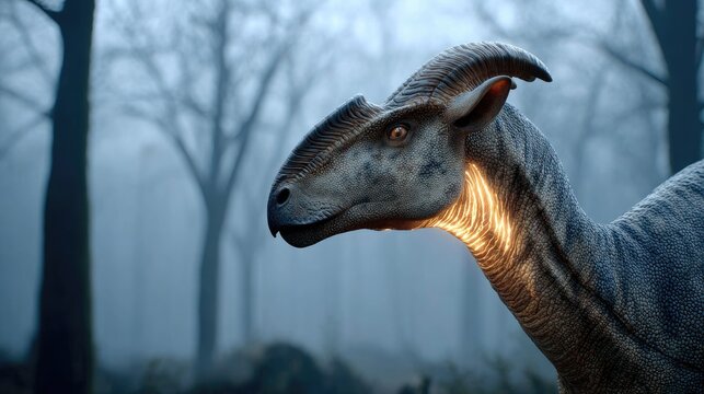 Mysterious Parasaurolophus in Fog: A close-up, atmospheric shot of a Parasaurolophus dinosaur emerging from a misty, ancient forest, its crest glowing faintly with an ethereal light.