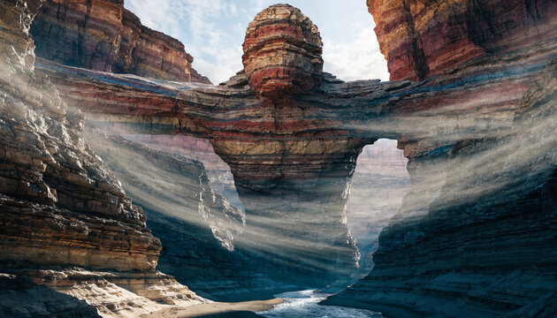 Towering Canyon Guardian Personification with Layered Sedimentary Rock Strata, Winding River and Erosion