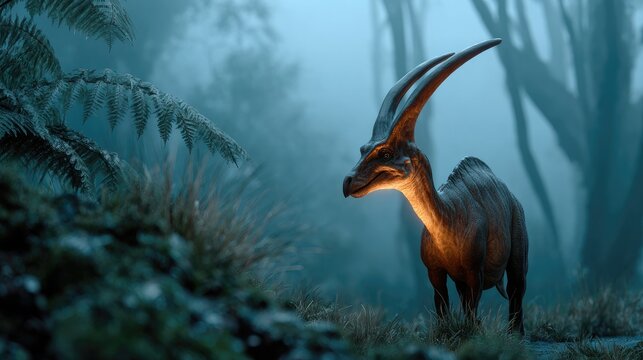 Prehistoric Majesty: A Parasaurolophus stands illuminated in a misty, prehistoric forest, its distinctive crest glowing from within, surrounded by lush ferns and ancient flora.
