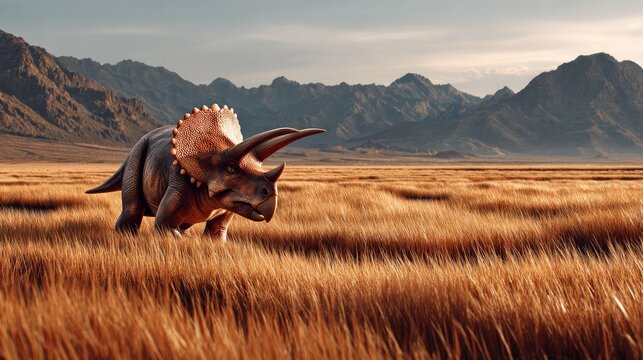 Triceratops in a Dry Field: A majestic triceratops dinosaur walks through a field of dry, golden grass under a dramatic sky with distant mountains.