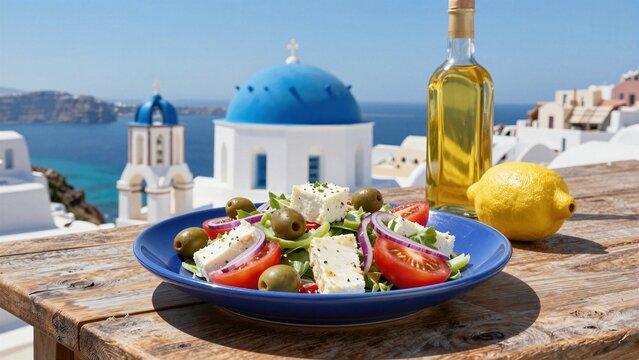 Fresh Greek salad with feta, olives, tomatoes, and lemon against iconic blue-domed churches overlooking turquoise sea.