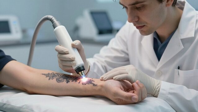A medical professional uses a laser device to remove a detailed floral tattoo from a patient's forearm in a sterile clinical setting.