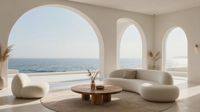 Minimalist white interior with curved arches overlooking calm blue sea under soft daylight.