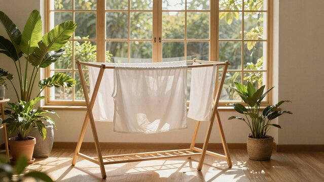 White clothes hang on wooden rack beside large sunny window with green plants inside cozy room.